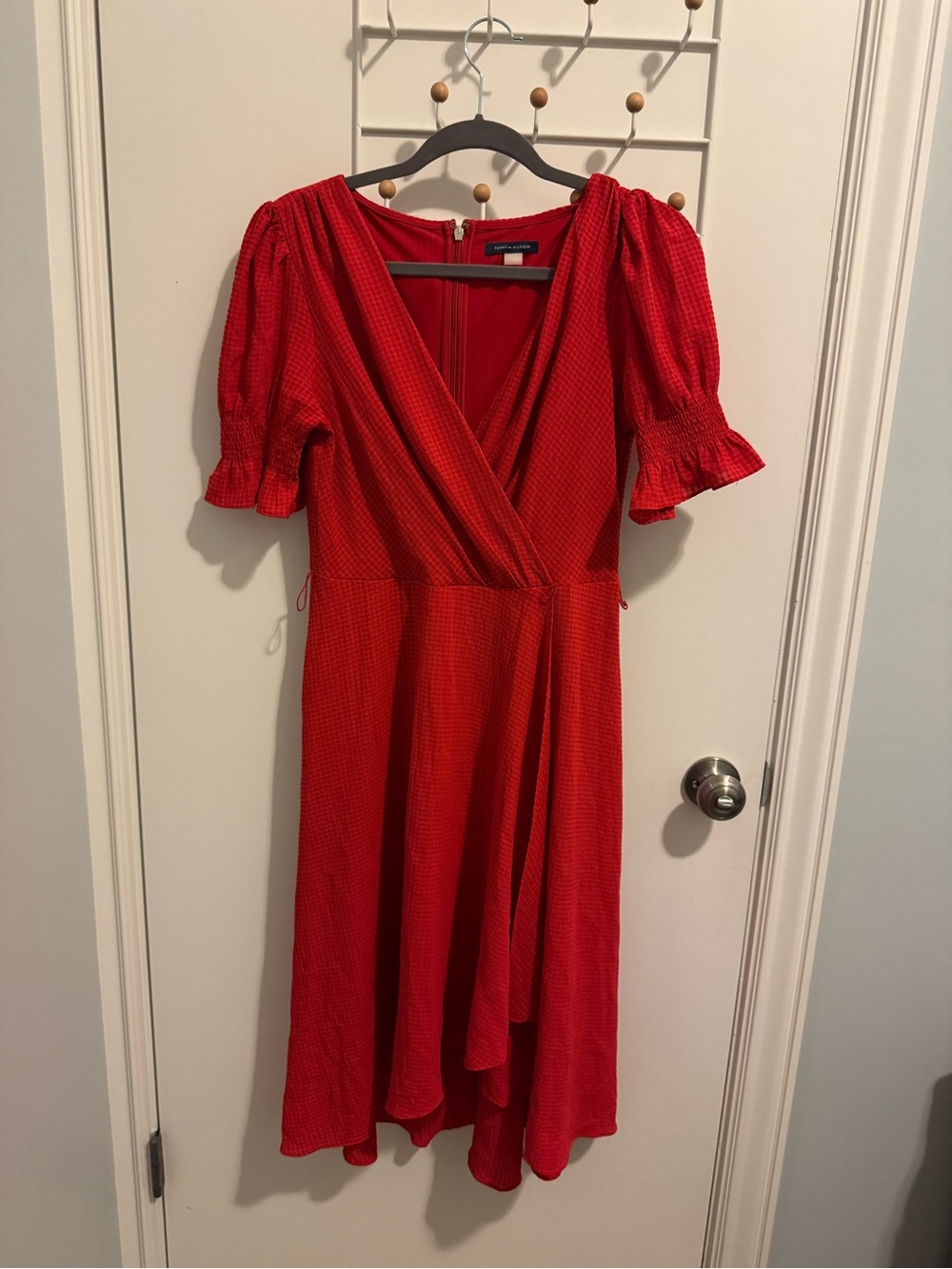 Tommy Hilfiger Red Wrap-Style Midi Dress with Puff Sleeves